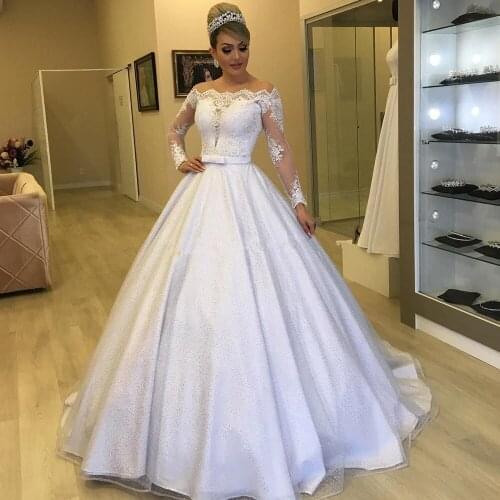 Jewel Neckline Lace Appliques A Line Wedding Dresses with Long Sleeves Vestidos De Noiva Floor Length Buttons Back Bridal Gowns