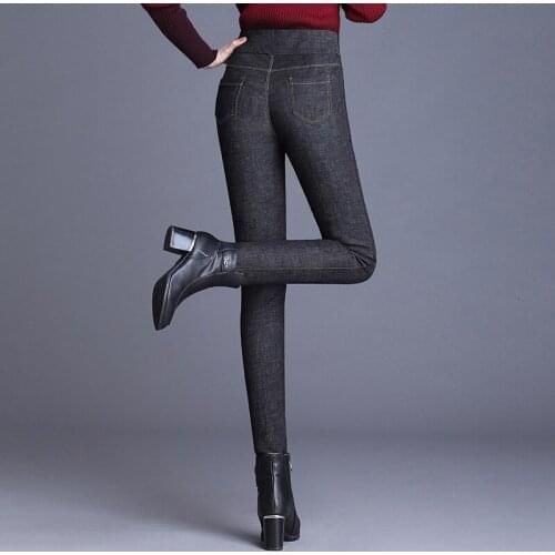 2020 New Winter Warm Thick Elastic High Waist Casual Stretch Skinny Pencil Pants Jeans Ladies Duck Down Denim Trousers Plus Size