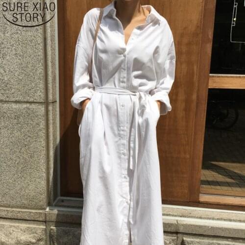 2021 Spring Fashion White Long Sleeve Shirt Dress Women Long Dresses Turn Down Collar Single Breasted Sashes Vestidos 12806