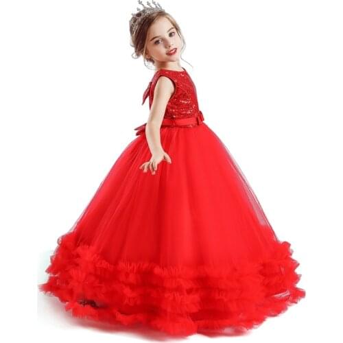 Long Red Princess Wedding Dress For Girls Sequins Formal Girls Party Dress Backless Designs Dresses For 5-14 Years Kids Clothing