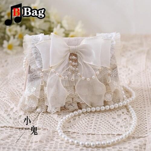 Women lolita bag lace Lace Bow cute jk messenger bag gentle girl Pearl chain shoulder bag female handbag