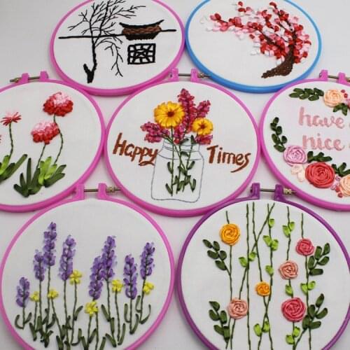20x20cm patterns available Ribbon embroidery kit flower small multi pictures canvas fabric embroidery needlework home decoration