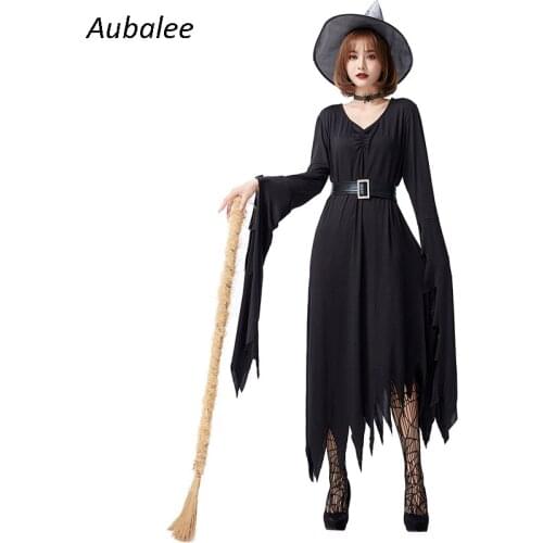 Halloween Women Witch Costume Evil Witch Cosplay Outfit Carnival Masquerade Irregular Black Fantasia Dress With Hat