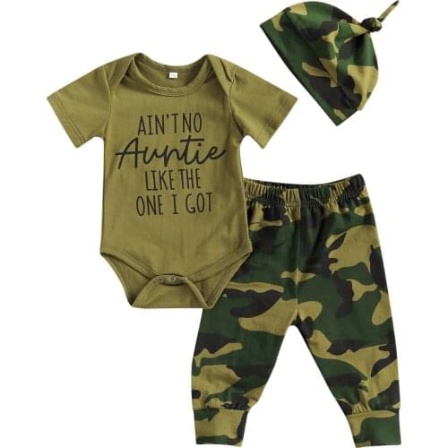 Boys 3Pcs Romper Set, Short Sleeve Triangle Bodysuit with Camouflage Long Pants and Hat for Summer