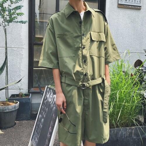 Summer hip hop Short Sleeve Rompers Male Loose Tooling Jumpsuit Cotton Punk baggy Overalls Men Street dancing bib pants 71