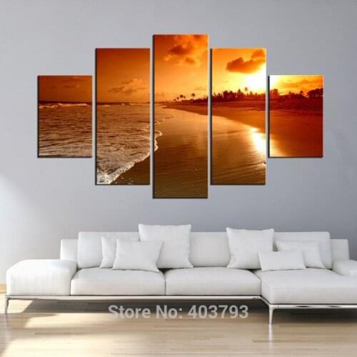 Hot Sells 5 panels sunset coast Wall Art Picture Canvas Print Modern art landscape Oil Painting for Home Decoration No Frame