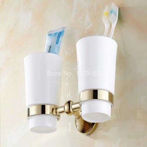 Luxury Gold Color Brass Bath Hardware Wall Mounted Double Tumbler Holder White Ceramics Toothbrush Cup Bathroom Accessory aba880