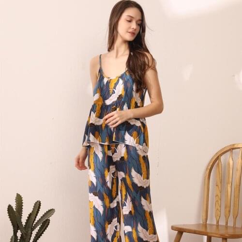 Plus Size 4XL Crane Printed Pyjama Sleepwear Female Sexy Spaghetti Strap Long Pants Suit Nightwear Casual Womens Pajamas Sets