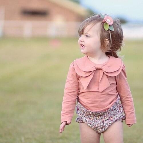 Toddler Baby Girl Solid Color Tops Kids Infant Bow Peter Pan Collar Shirt Bowknot Bottoming T-shirt Long Sleeve Clothes