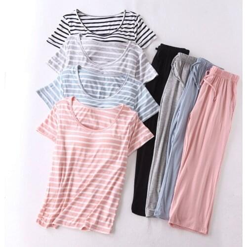 Autumn Women Pajamas, Modal Short-sleeved Pajamas with Chest Pad Two-piece Set, Striped Casual Loose 7-point Pants Home Service