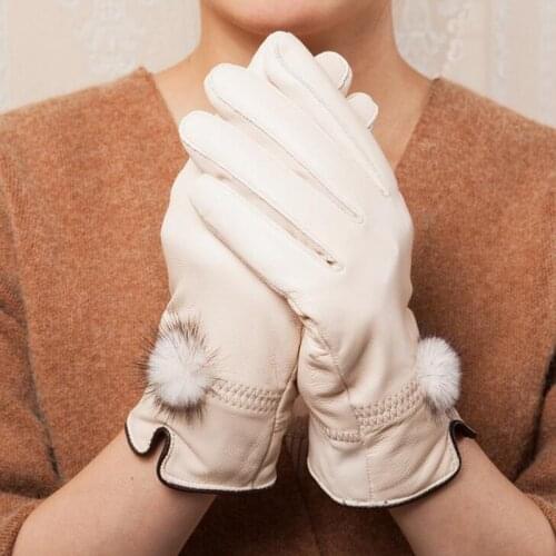 Elegant Ladies Genuine Leather Sheepskin Mink Hair Ball Gloves Women Winter Plus Plush Thick Velvet Warm Thin Driving Gloves L61