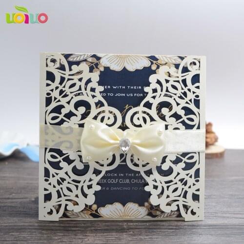 Laser cut luxurious wedding invitation cards cover,laser cut invitation cards with ribbon and buckle need extra cost