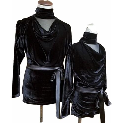 2021 Latin Dance Clothes Male Black Velvet Tops Long Leeve Practice Wear Loose High Neck Cha Cha Rumba Ballroom Shirts DNV14588