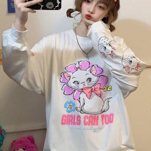 Kawaii graphic cute cat print white blue crewneck sweatshirt long sleeve top spring fall 2020 oversized hoodie women harajuk 186