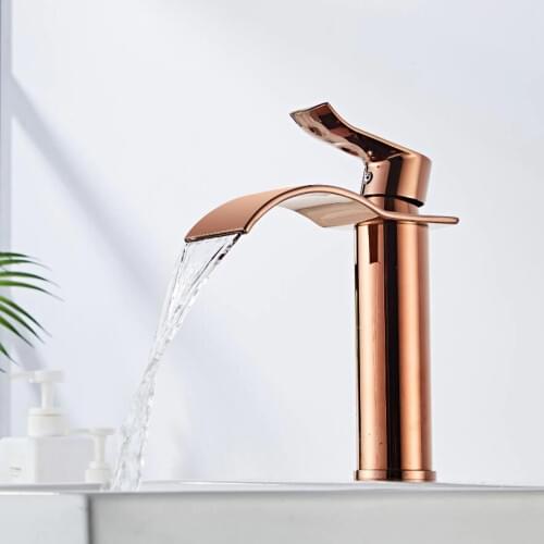 Tuqiu Basin Faucet Rose Gold Waterfall Faucet Brass Bathroom Faucet Bathroom Basin Faucet Mixer Tap Hot and Cold Sink faucet