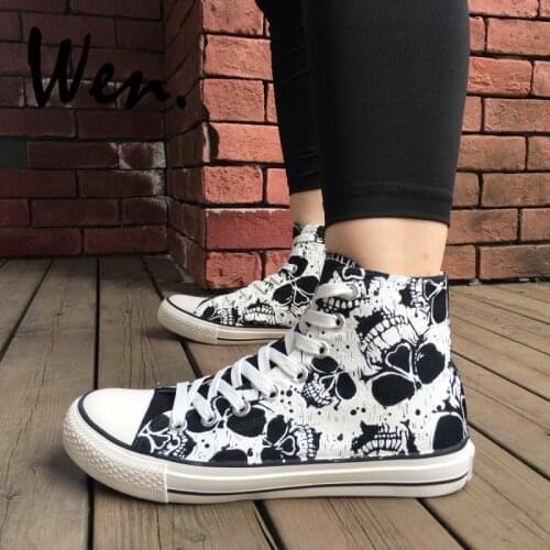 Wen Custom Abstract Painting Death Skull Design Hand Painted Black Sneakers High Top Adults Canvas Skateboard Shoes Unisex