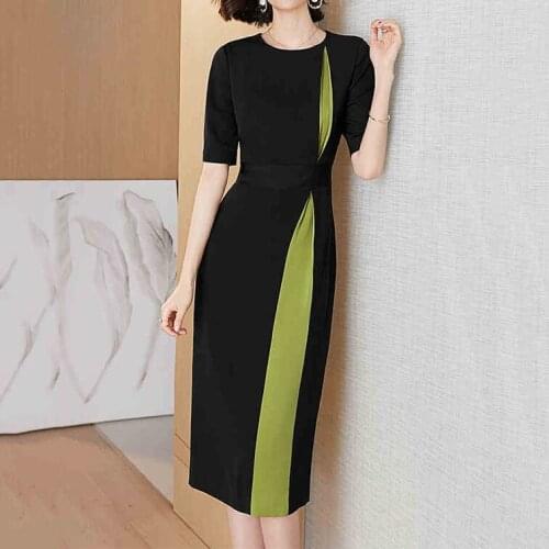 Black dress womens contrast stitching 2021 summer slim waist short sleeve medium length split dress Sheath Casual O-Neck