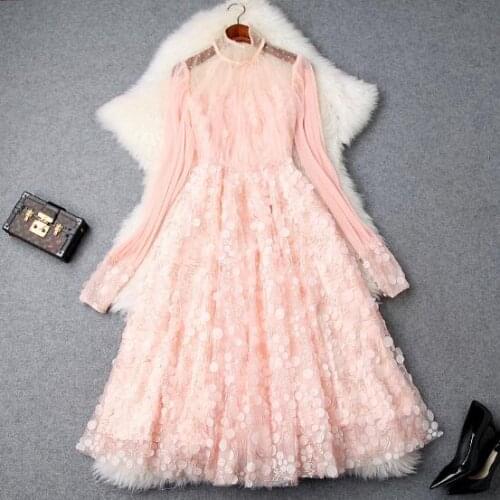 2019 spring and summer womens new stand collar lantern sleeves sequins high waist large dress dress skirt mesh dressT3445