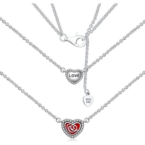 925 Sterling Silver Sparkling Enchanted Rose Double Heart Pendant s Necklaces Free Shipping