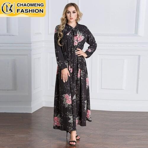 New Design Chiffon Fabric Flower Printed Muslim Women Dresses Modest Islamic Clothing Ramadan Maxi Turkey Kaftan Dubai Abaya