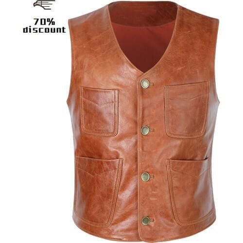 2020 Light Brown Men Four Pockets Casual Leather Vest Genuine Cowhide Autumn Slim Fit Short Natural Leather Vest FREE SHIPPING