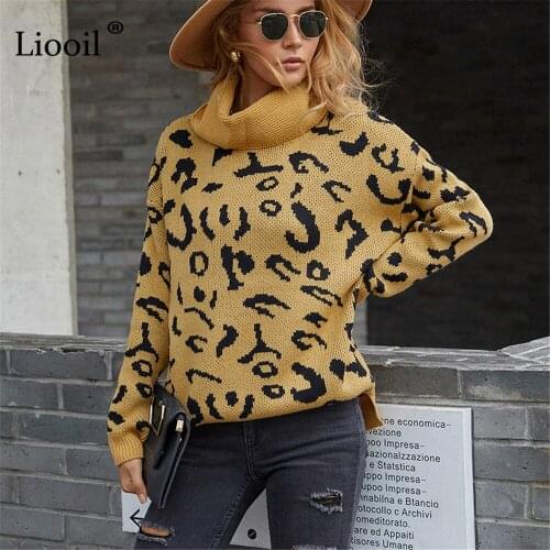 Leopard Print Winter Turtleneck Sweater Pullovers Women Long Sleeve Baggy Thick Knitted Sweater Ladies Loose Jumpers Streetwear