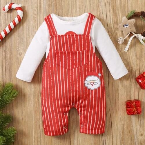 2 Pcs Baby Clothes Chirstmas Xmas Set Letter Print O-Neck Long Sleeve Romper+ Striped Suspender Trousers for Infant 0-12 Months