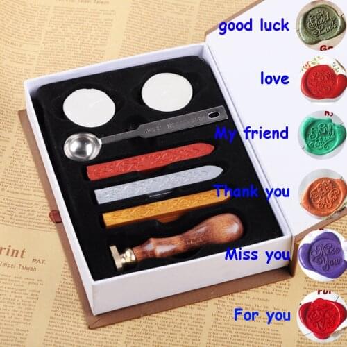 6 Greeting Pattern Retro Sealing Wax Set DIY Paper Envelope Decoration Delicate Cuprum Stamps Wood Handle for Wedding Invitation