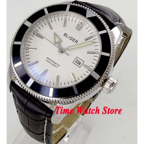 Bliger 46mm white dial date luminous black bezel screw-in crown deployant clasp Automatic movement mens watch 114