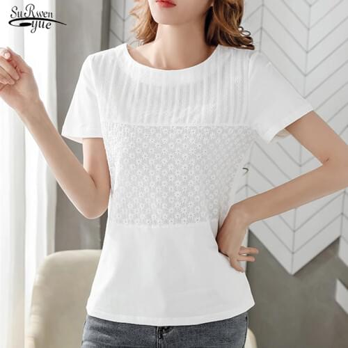 New 2021 Womens Tops Summer Solid Ladies Short Sleeve Round Collar White Blouse Floral Lace Shirts Blusas Mujer De Moda 8586 50