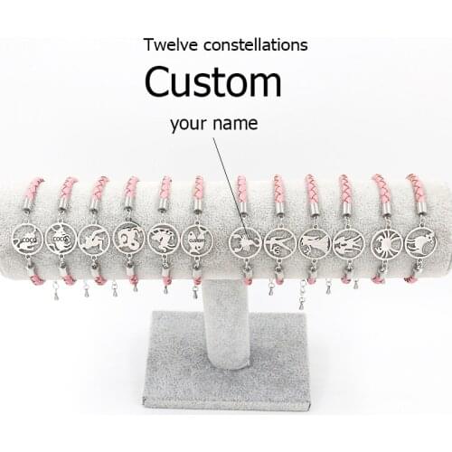 Custom 12 Constellation Bracelet Zodiac Sign Pink Braided Leather Name Bangle Aries Leo Libra Luminous Dome Punk Woman Jewelry