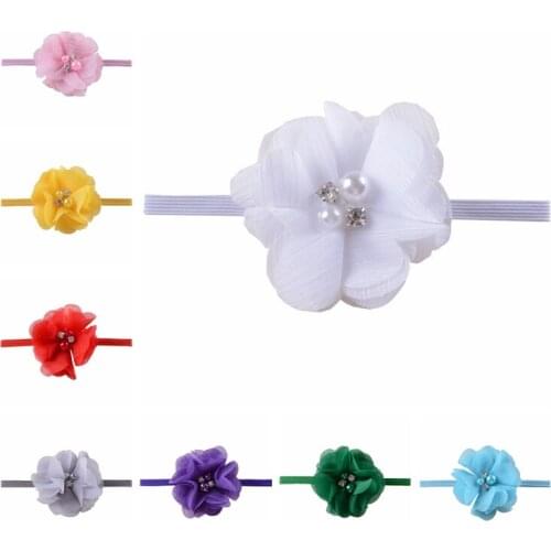 6pcs/lot 5 CM Newborn Baby Girl Chiffoh Flower Hairband with Hand Sewn Beads Children Elastic Headband Fashion Handmade Headwear