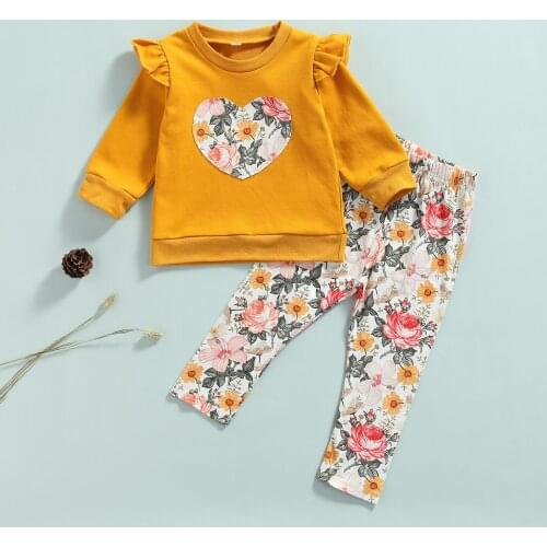 FOCUSNORM 0-4Y Autumn Kids Girls Sweet Clothes Sets 2pcs Heart Floral Printed Long Sleeve Sweatshirt Pants