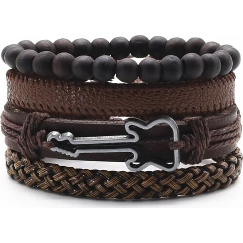 Guitar Believe Cross Wooden Beads Wrap Woven Rivet Black Feather Leather Men Bracelets Women Fashion Bangle male Jewelry