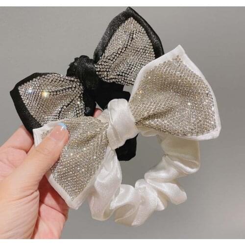 Korean Flash Rhinestone Large Bow Scrunchie Hair Tie Pleated Hair Bands Women Hair Accessories Luxury Wedding Party Headpiece