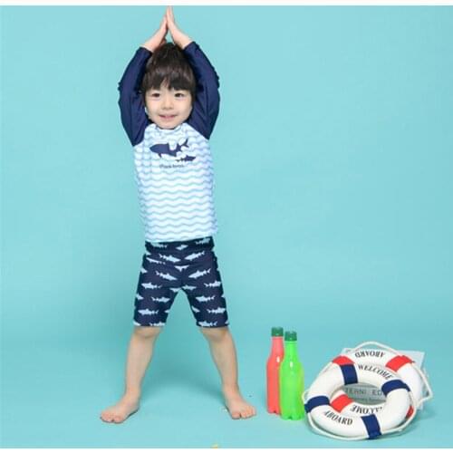 2-12 Y Boys Rash Guards Two Piece Swimwear Fish Pattern Children Long Sleeve Swimsuit with Swim Cap Baby Sandy Beach Wear