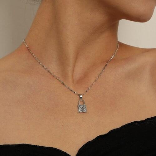 Trendy Silver Color Crystal Geometric Lock Pendant Necklace for Women Creative Personality Simple Chain Necklace Jewelry