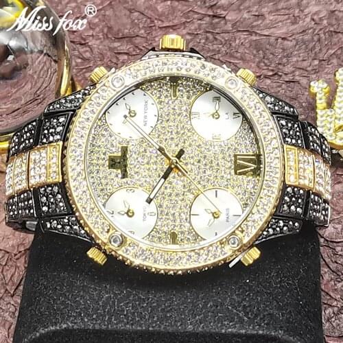 Hot Sale Hip Hop MISSFOX Brand Mens Watches 51MM Big Dial Iced Out Top Luxury Diamond Watch Business Dress Dive Quartz Clocks