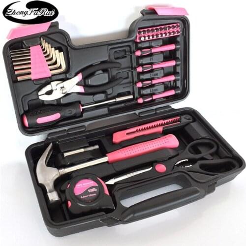 39-Piece Set Pink for Women Tool Set 45# Carbon Steel Household Tools PE Blow Molding Boxed Color Multi-Specification Toolbox