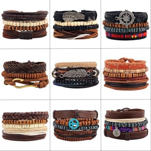 New Style Bracelet Ornament Multi-Packaged Combination Bracelet Handmade Leather Wooden Beads Beaded Woven Bracelet