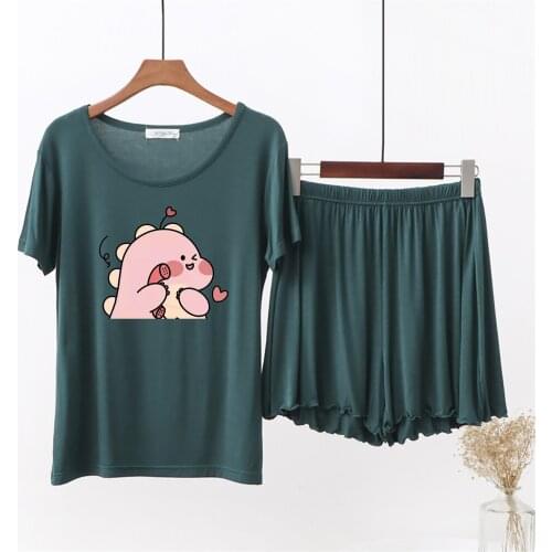 Modal Cotton Soft Sleepwear For Women Summer Short Sleeve Pajamas Set Cute Cartoon Pink Little Dinosaur Graphics Women Sleepwear