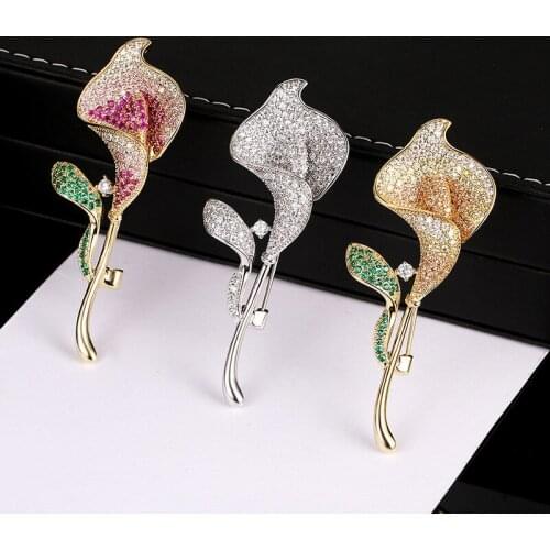 OKILY Shiny Three Color Zircon Flower Pins and Brooches for Women Wedding Accessories Jewelry Luxe Tulip Bouquet Broochpins