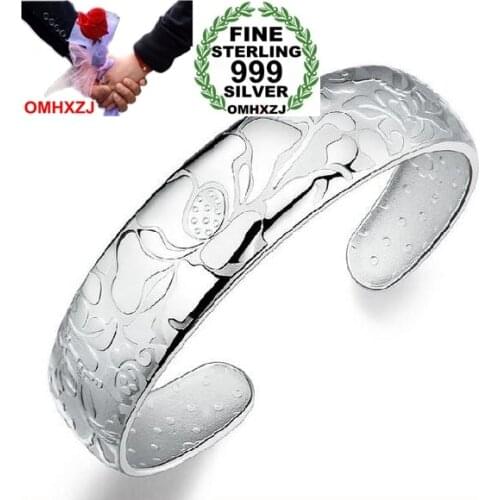 OMHXZJ Wholesale fashion geometric lotus woman kpop star Fine 999 Sterling Silver opening adjustable bracelet Bangles SZ09