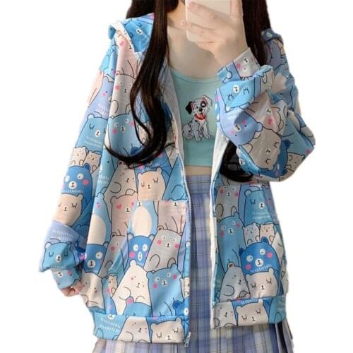 Autumn Sweet Women Lolita Style Hoodies Cute Cartoon Bear Full Print Zip-Up Hooded Sweatshirt Teenagers Girls Kawaii Outerwear
