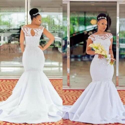 African Black Girls Mermaid Wedding Dresses 2020Vestidos De Novia Bateau Cap Sleeves Lace Up Plus Size Bridal Wedding Gowns