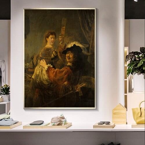Rembrandt Famous “Rembrandt and Saskia in the Scene of the Prodigal Son” Canvas Painting Poster Print for Room Decor Wall Art