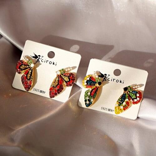 Handmade Rhinestone Earrings Romantic Style Insect Butterfly Drop Earrings Shiny Colorful Earrings Diamond Luxury Jewelry
