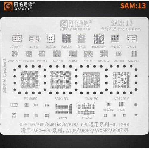 AMAOE SAM:13 BGA reballing Stencil Template for samsung A10S/A605F/A705F/A920F CPU SDM450/660/SM6150/MT6762