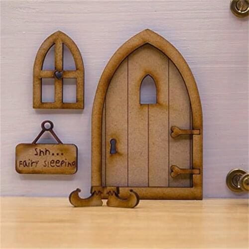 Three-dimensional Wooden Fairy Door Craft Set Sleeping DIY 3D DIY Door Decoration Wooden Door Craft Kit with Flowe Self Assembly