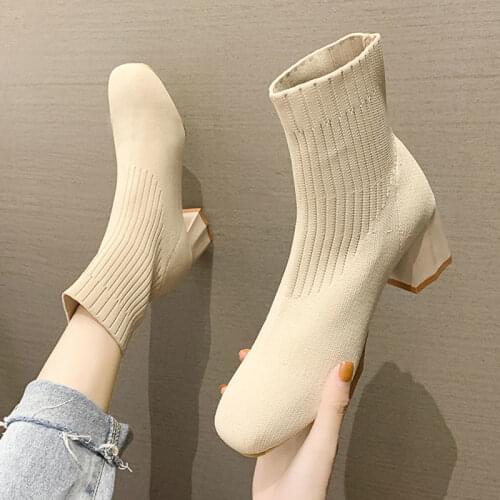 Shoes Woman 2021 Plus Size Spring and Autumn Socks Stretch Cloth Womens Boots High Heels Luxury Sexy Fashion Square Toe